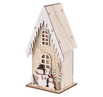EMOS LED dekorace dřevěná – domek se sněhuláky, 28,5 cm, 2x AA, vnitřní, teplá bílá, časovač