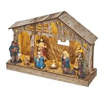 LED vánoční betlém dřevěný, 19 cm, 3x AA, vnitřní, teplá bílá, časovač